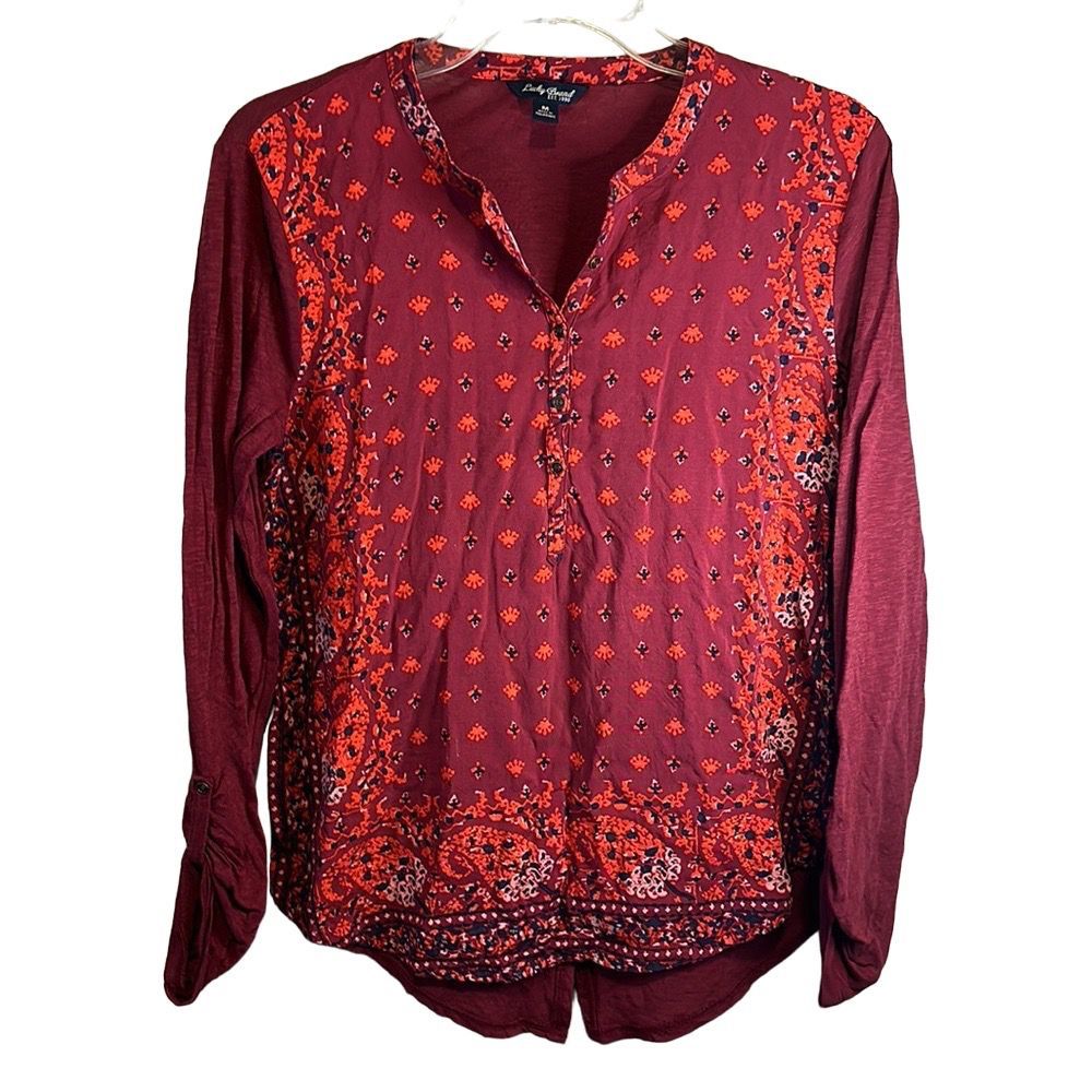 Lucky Brand Red Orange Long Button Tab Sleeve Pullover Shirt